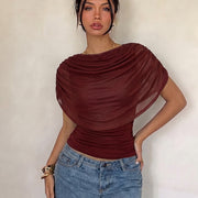 Womens Solid-color Waist-cinching Boat-neck Mesh Top